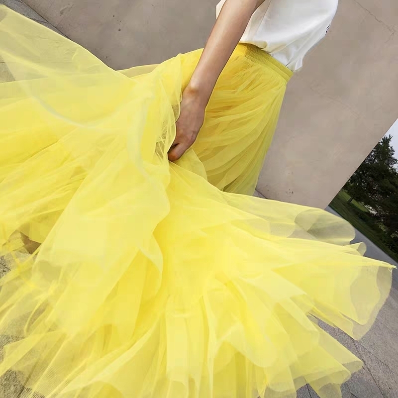 Spring 95 CM Long Thick 2 Layers Mesh Expansion Skirt Yellow White Black Tulle Elastic Waist Beach Travel Ball Skirts 220317