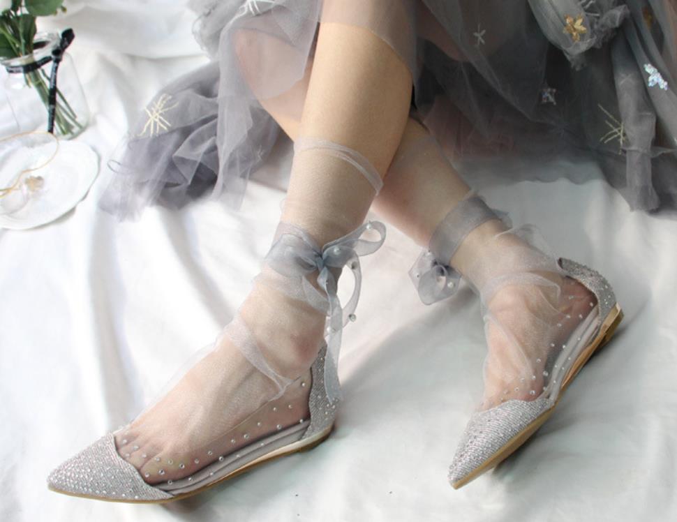 Womens Sheer Slouch Socks Girls Pearl Bow Ultra Thin Mesh Ankle Sock Lace Loose Transparent See Through Novelty Tulle Decorated Midle Socks Black Whit