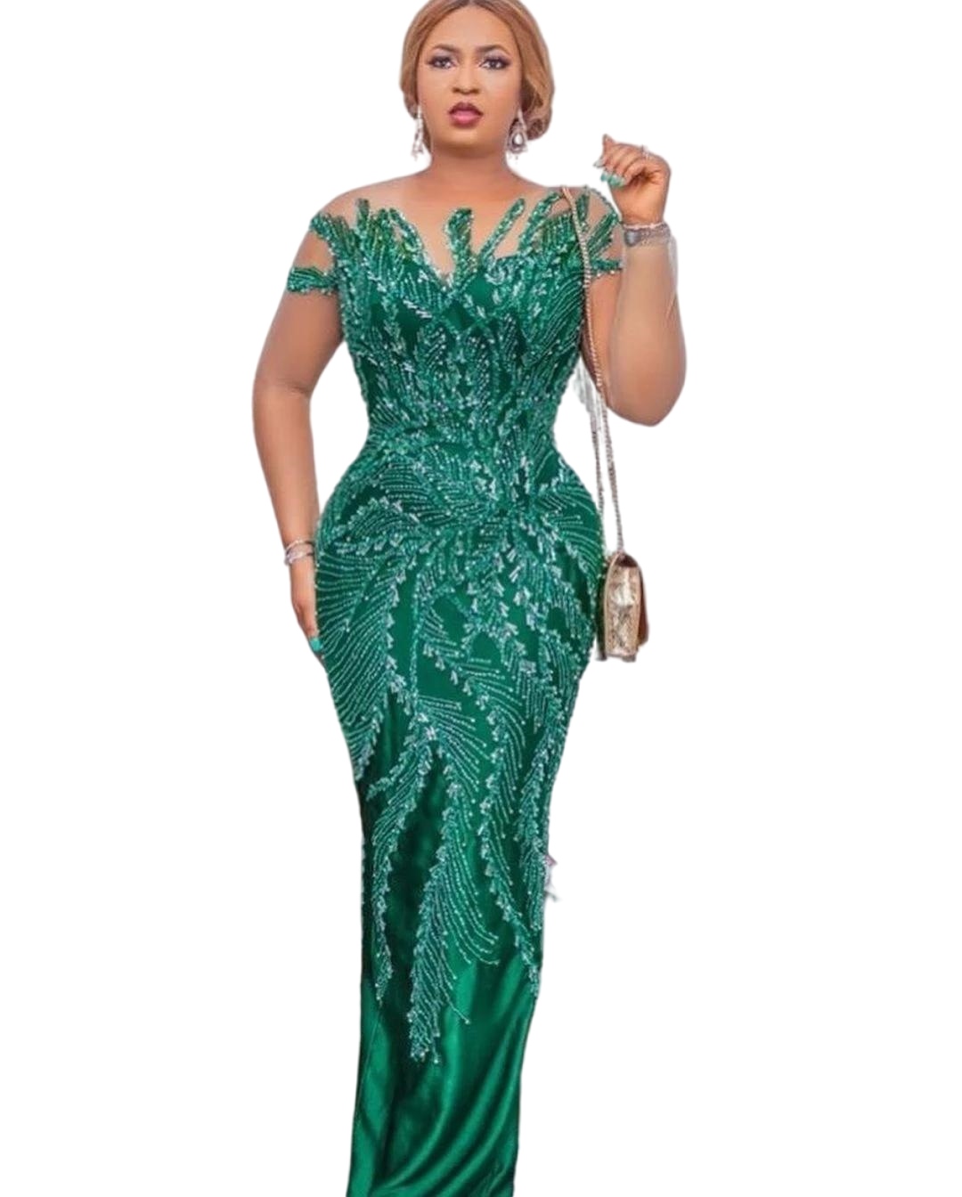 Hunter Green Aso Ebi Evening Dresses 2022 Short Sleeves Mermaid Satin Beaded Sexy Tassels Back With Slit Formal Party prom Gowns