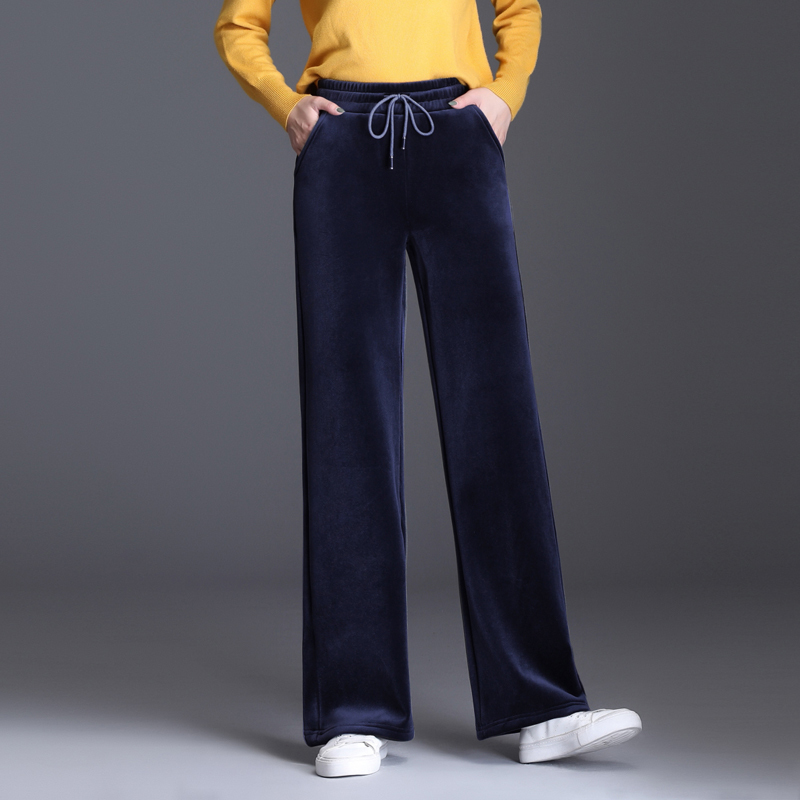 Trouser For Women High Waist Causal Loose Wide Leg Pants Female Winter Warm Thick Double Velvet Korean Fashion Elegant 220325