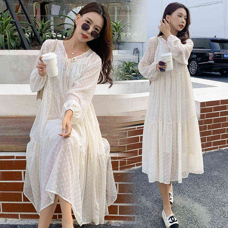 Spring New Maternity Dress Temperament Long Loose Pregnant Woman Beach Dress With Lining Long Lantern Sleeves Chiffon Dress J220628