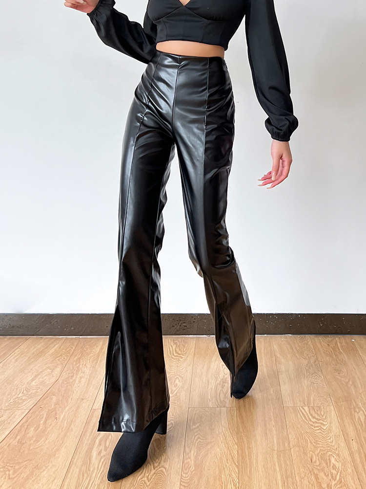 WannaThis Leather Women Flare Pants High Waist Stretchy Split Fitness Sexy Fashion Casual Black Pantalones Femme Clothing 220607