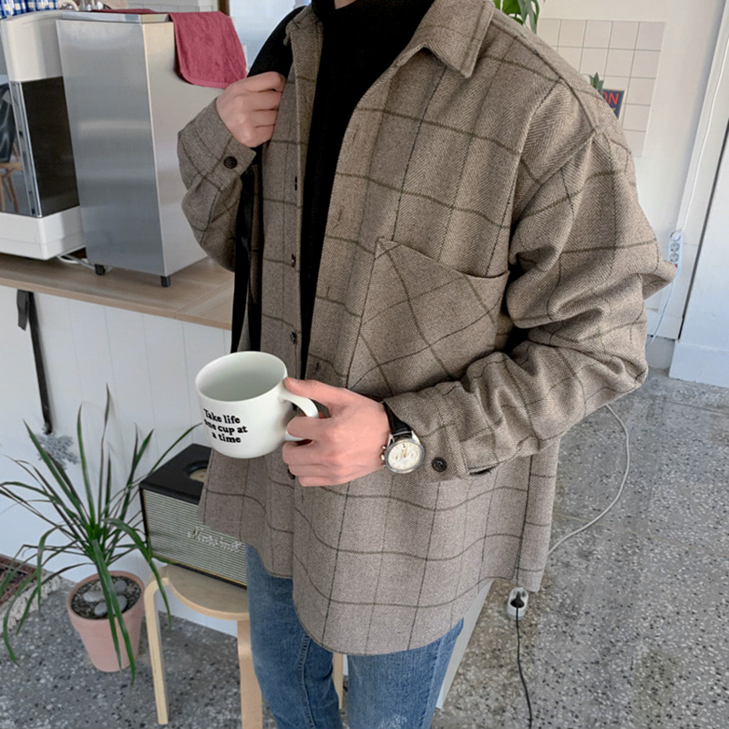 IEFB Spring Autumn Thick Woolen Plaid Shirts Men's Casual Loose Korean Trend Long Sleeve Button Up fit Tops Fashion 9Y4518 220322