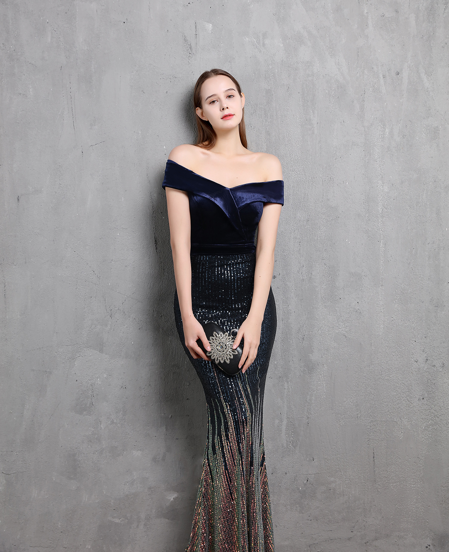 Elegant Mermaid Velvet Evening Dress 2022 Off The Shoulder Colorful Sequin Long Prom Dresses Plus Size Formal Sparkly Women Party Gown Vestidos De Fie