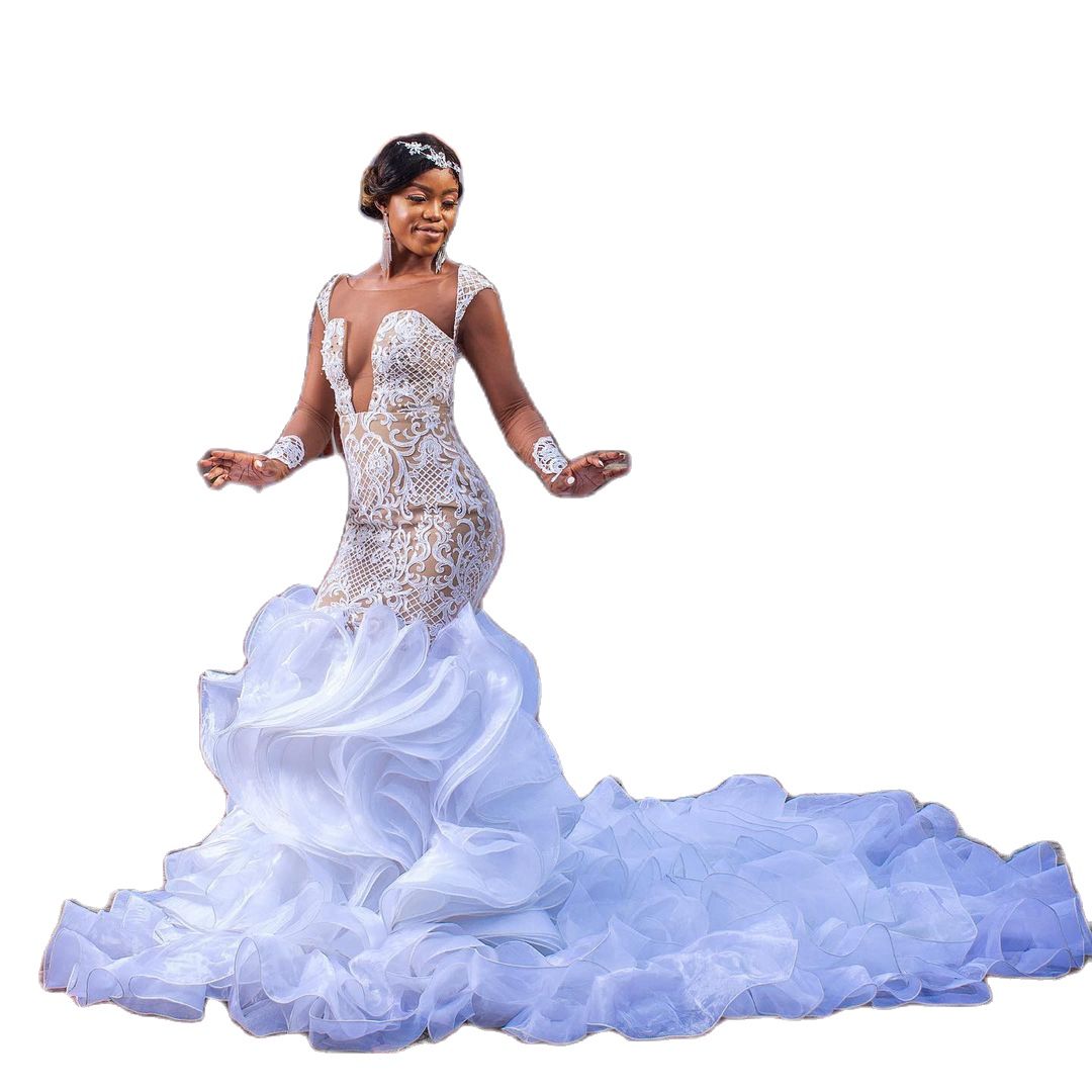 Elegant Mermaid Wedding Dress Cascading Ruffles Sheer O Neck Long Sleeve Bridal Gowns Saudi Arabic Luxury vestido de novia