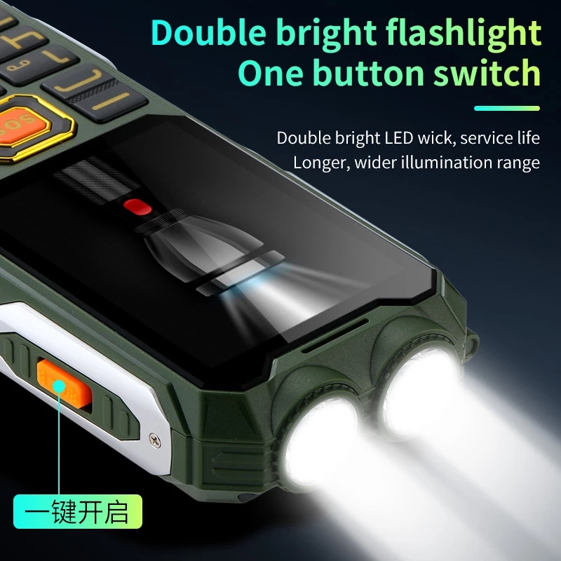 Unlocked Rugged Cell Phone Outdoor Loud Sound two Flashlight Torch Dual Sim Card Phones Large Battery Long Standby Bluetooth Speed Dial Big Button Cel