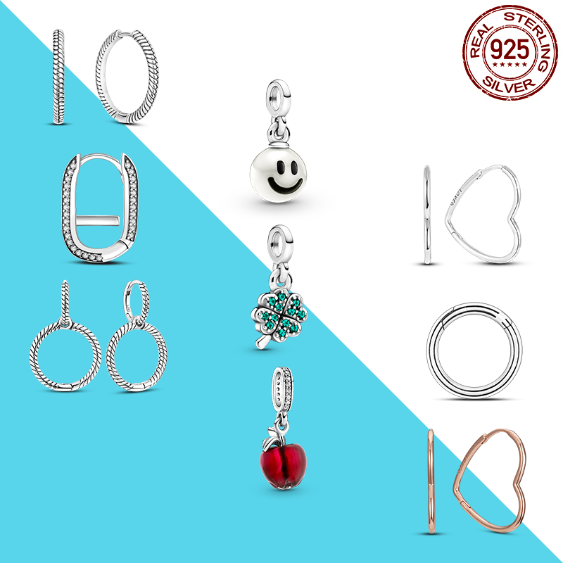 

925 Sterling Silver Dangle Charm Me Series Moments Charm Hoop Earrings Bead Fit Pandora Charms Bracelet DIY Jewelry Accessories