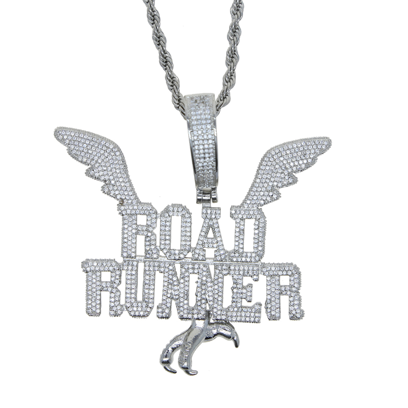 Hip Hop Micro Pave Bg Wings Pendant Necklace with Rope Chain for Men, 5A Cubic Zirconia CZ, Gold & Sier, Fashion Charm Jewelry