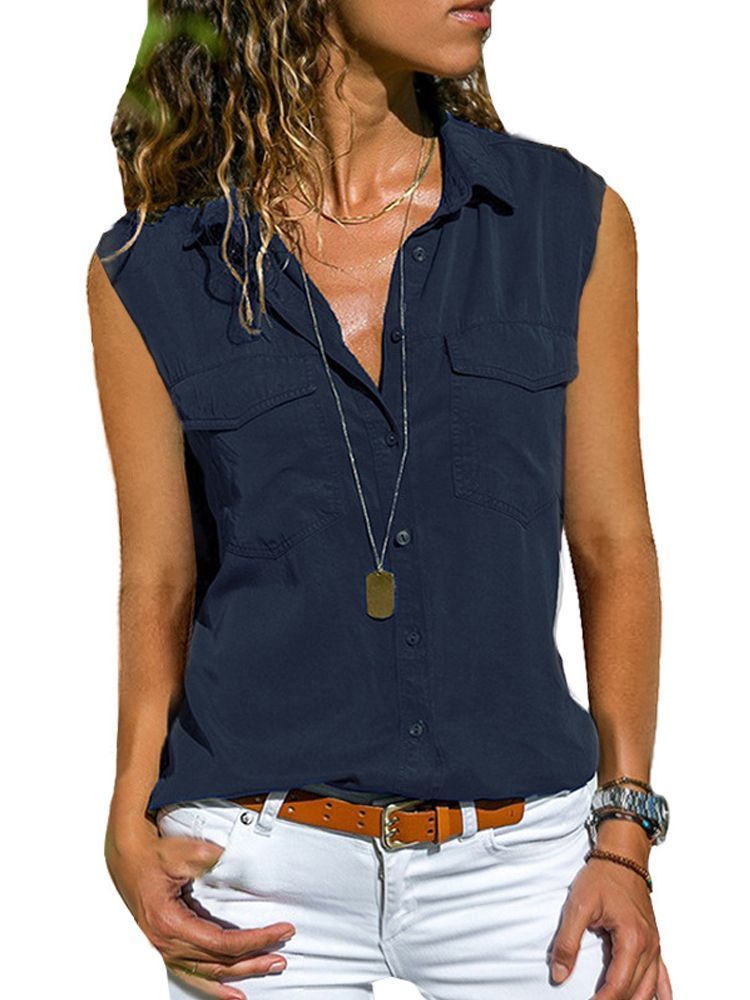 Womens Cotton Tops Blouses Autumn Sleeveless Solid V-Neck Office Blouse Female Work Women Button Up Shirt Plus Size 8XL 220407Z