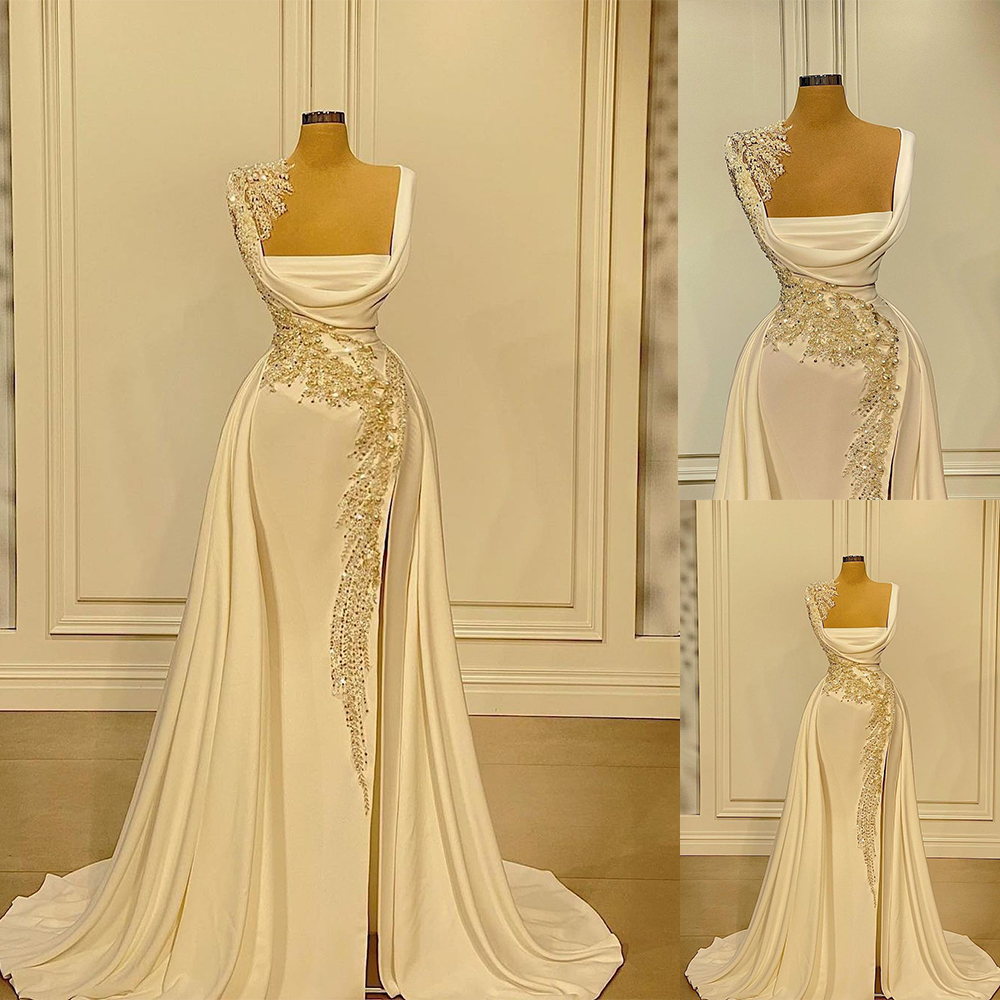Exquisite Women Mermaid Evening Dresses Fashion Crystal Pearl Ivory Satin Custom Made High Split Party Gowns