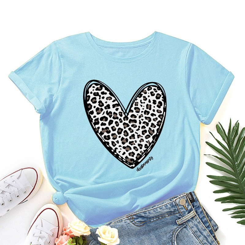 Summer Women Cotton 100% T Shirts Short Sleeve Fashion Heart Leopard Print Ladies Casual Graphic Clothes Female Regular Tee Tops 220321