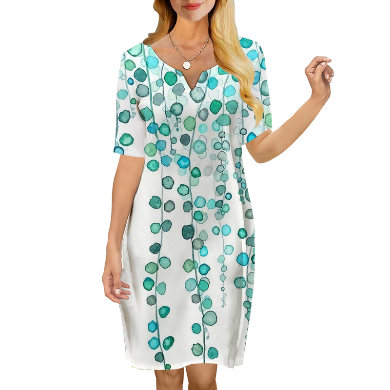 Women Dress Green Vine 3D Printed VNeck Loose Casual Short Sleeve Shift Dress for Female Dresses White Dress 220616