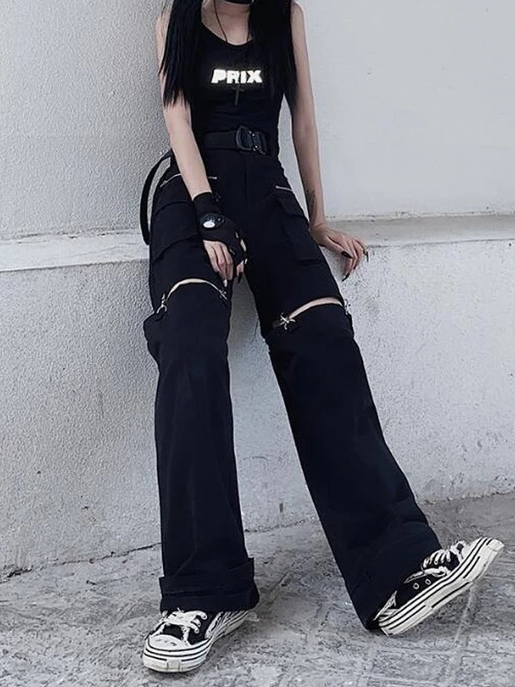 QWEEK Techwear Gothic Black Cargo Pant Streetwear Hollow Out Punk Wide Leg Oversize Pockets Trousers For Female Hip Hop 220325