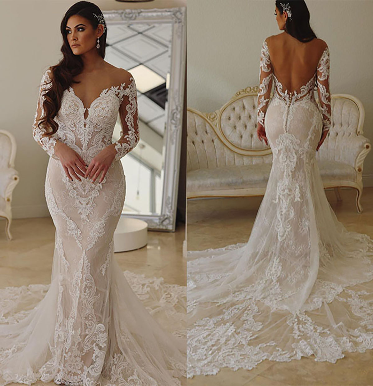 Sexy Modern V Neck Mermaid Wedding Dresses Elegant Backless Slim Fit Sweep Train Lace Appliques Bridal Gowns Summer Formal Dress