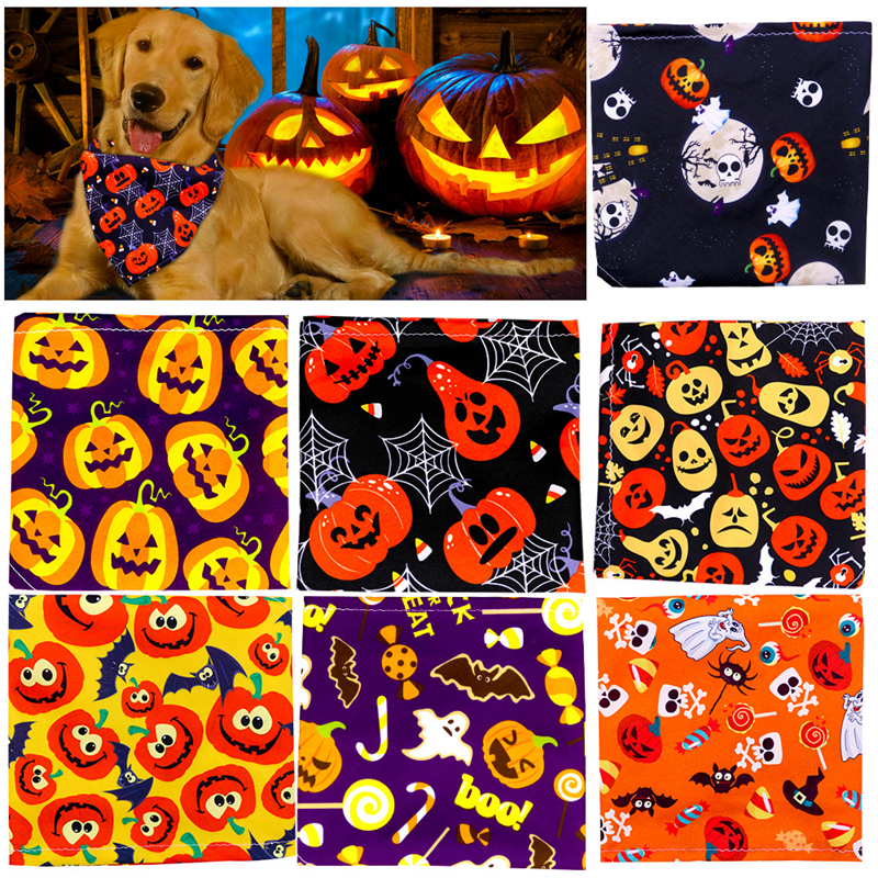 Halloween Bandanas Dog Apparel Soft and Breathable Adjustable Pumpkin Patterns Printing Pet Kerchief Pets Scarf for Small to Large Dogs Puppy Cat Medi