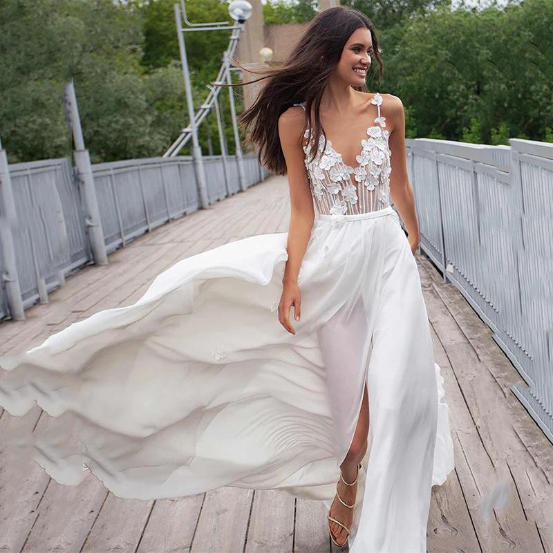 New Arrival Lace Appliques A-line Wedding Dress V Neck Spaghetti Straps Custom Made Sweep Train Backless Bridal High Side Split Dresses Vestido De Nov