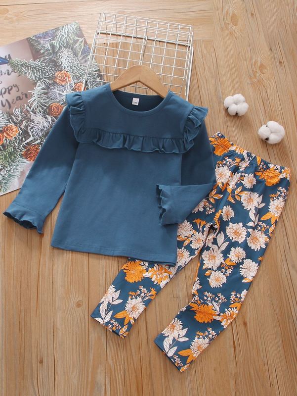 Toddler Girl Ruffle Trim Tee With Floral Leggings SHE