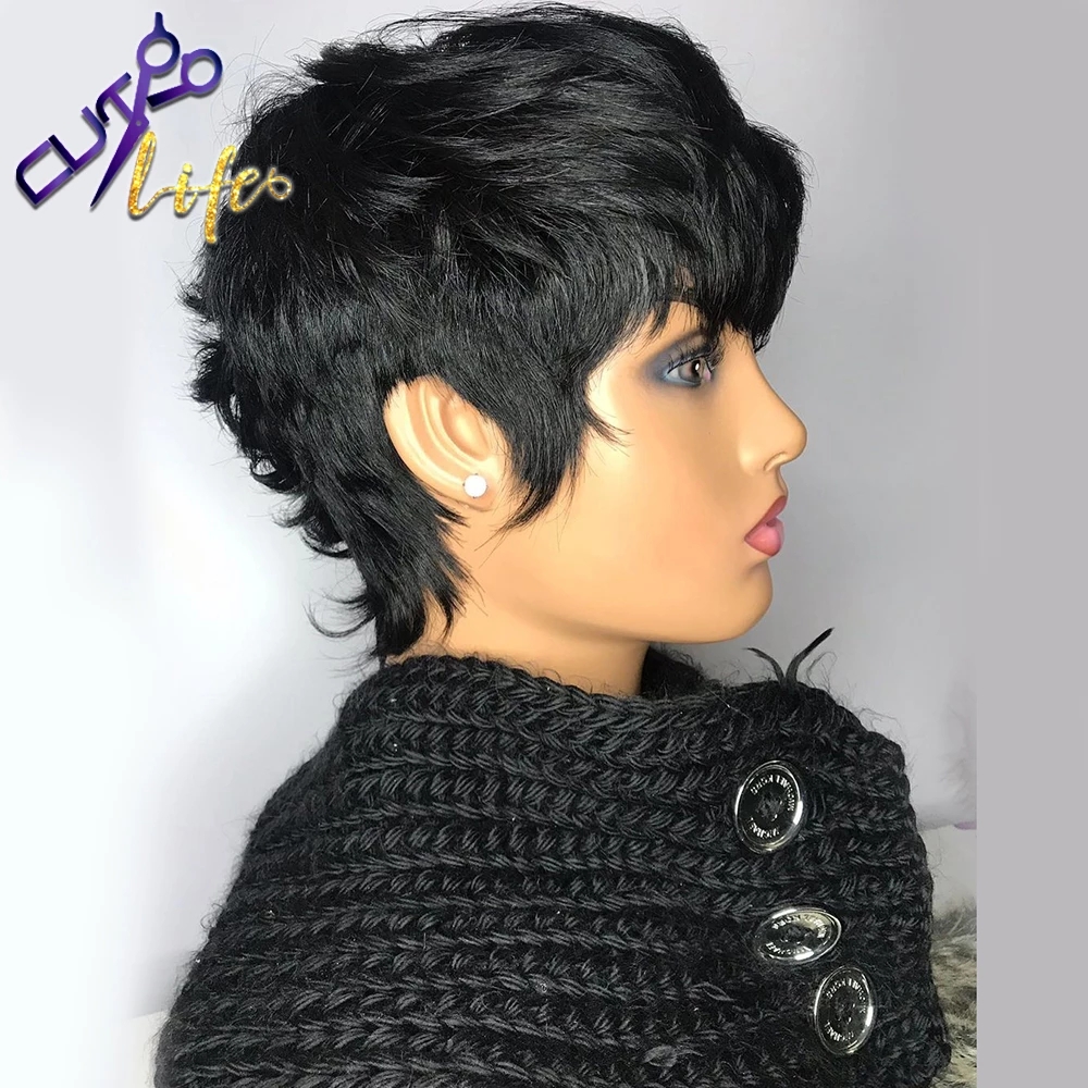 Short Pixie Cut Straight Bob Human Hair Wavy No Lace Brazilian Wigs With Bangs For Black Women
