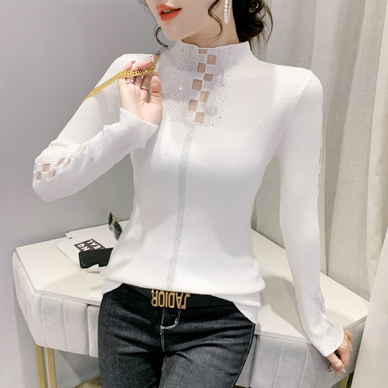 Autumn Winter High Neck Sexy Drilling Knitted Shirt Fashion Casual Long Sleeve Solid Color Women s T 220728