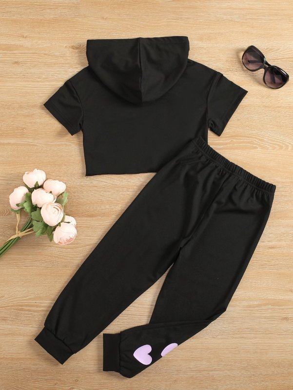 Toddler Girls Cartoon Graphic Hooded Tee & Heart Print Sweatpants SHE