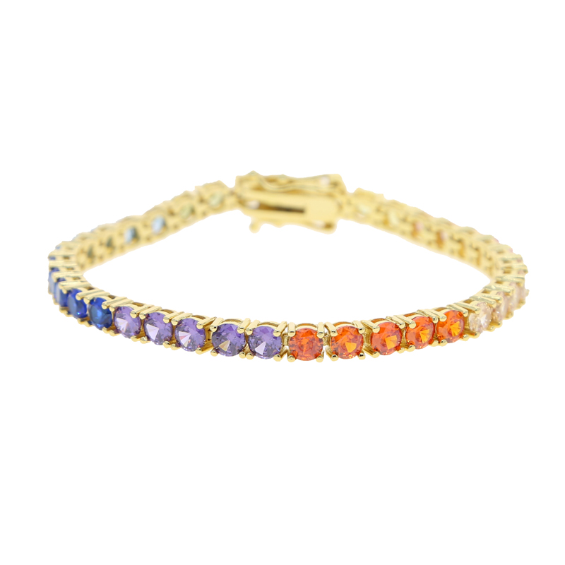 4MM 5A Cubic Zirconia Rainbow CZ Tennis Chain Bracelet Gold Plated Colorful Summer Women Girl Trendy Jewelry