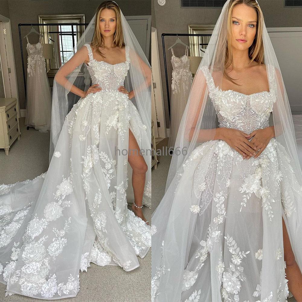 Modern Wedding Dress High Split Square Collar Saudi Arabic Lace Applique Spaghetti Straps Floral Bridal Gown 2022, White
Modern Wedding Dress High Split Square Collar Saudi Arabic Lace Applique Spaghetti Straps Floral Bridal Gown 2022, White
