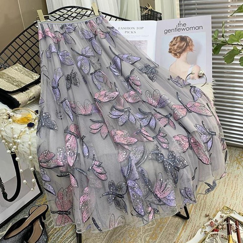 Sequin Mesh Embroidery Dragonfly Long Skirt Women's Spring And Summer Slim High Waist Pleated Sweet Midi Tulle Skirts Female 220317
