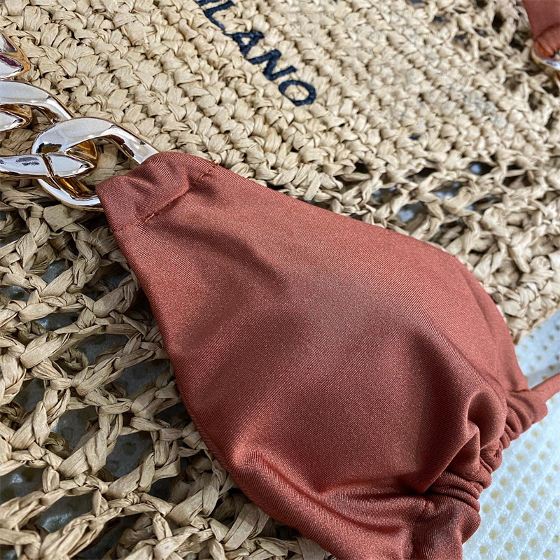 Chain Swimsuit Bikini Set Solid Women Biquini Push Up Pad Two-piece Swimwear Beach Wear for Holiday Bathing Suits 4 Colors