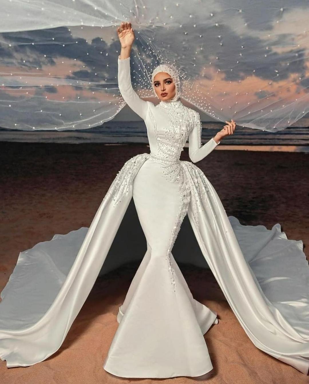 Muslim Mermaid Wedding Dresses With Detachable Train Satin Beaded Bridal Gowns Pearls Hijab Custom Made Robes De Marie Bes 6660306