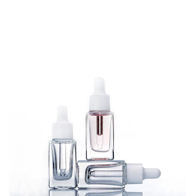 Clear Square Glass Dropper Bottle Essential Oil Perfume Bottle 15ml with White/Black/Gold/Silver Cap