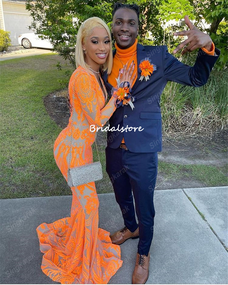 Sparkly Organge Sequin Prom Dress For Black Girls 2022 Aso Ebi African Mermaid Evening Gowns Long Sleeve V Neck Formal Party Wear African Plus Size Wo