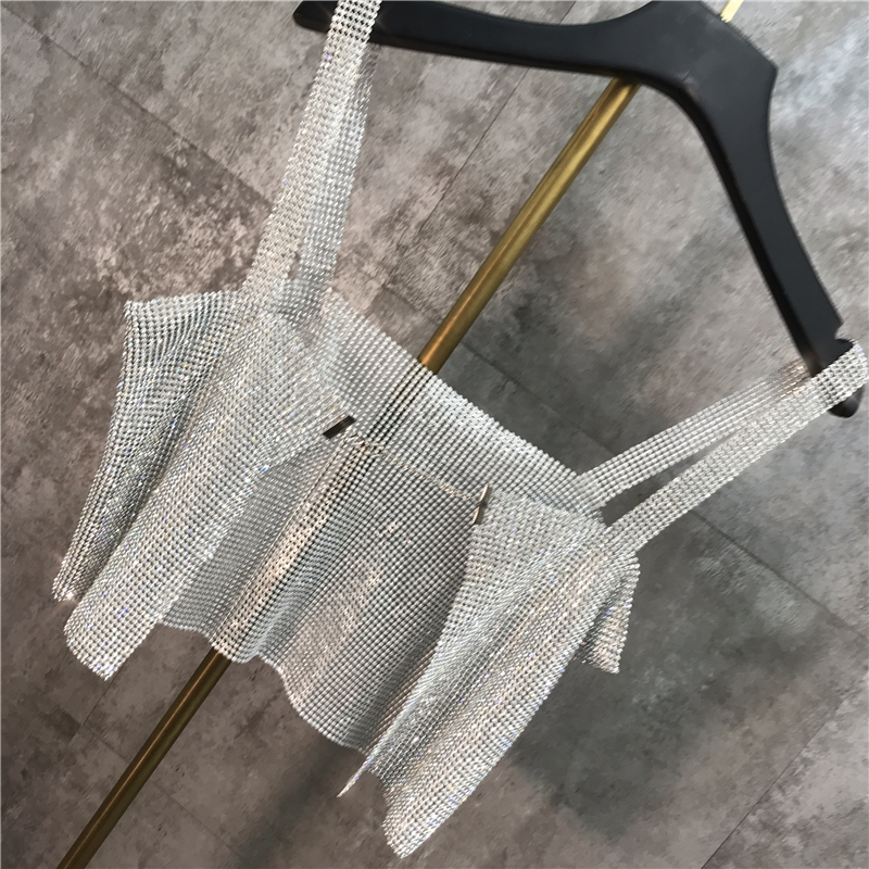 New fashion womens sexy club party full rhinestone patched bck hollow out shinny bling spaghetti strap vest crop top tank camisole