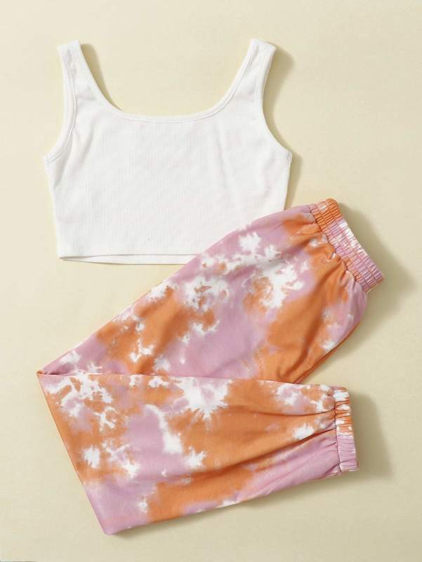 Girls Letter Embroidered Tank Top and Tie Dye Pants Set SHE