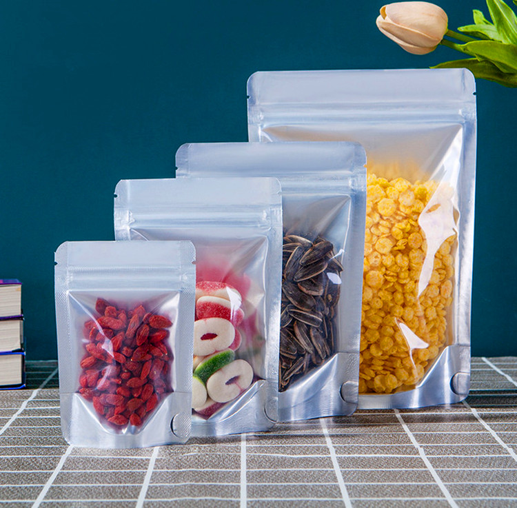100pcs Clear Front Matte Silver Aluminum Foil Zip Lock Bag Resealable Snack Meat Candy Food Biscuits Cookies Coffee Beans Cereals Gifts Display Packag