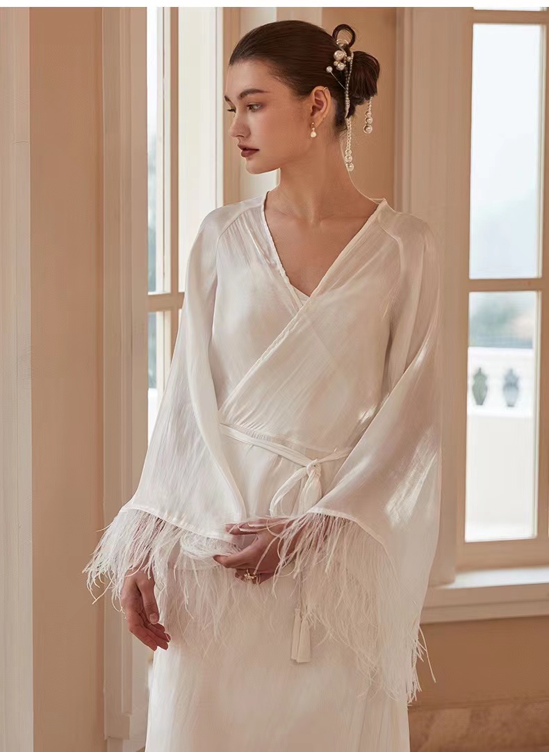 Sleepwear Bridal Feather Dressing Gown Temperament High-end Ostrich Hair Fringed Tassel Nightgown Dress Female PLus Size