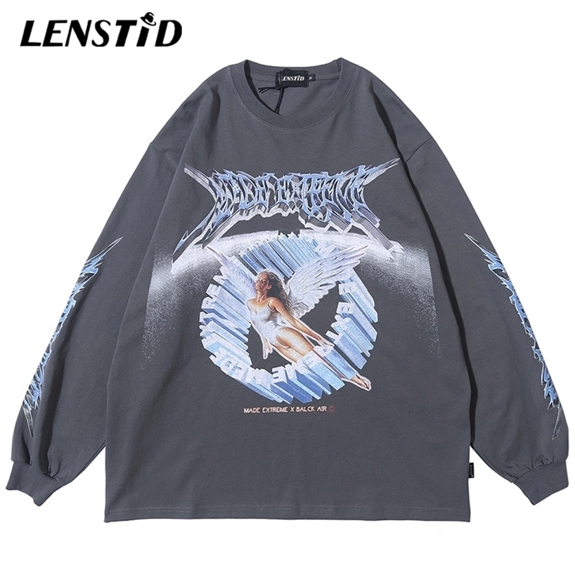 LENSTID Men Hip Hop Streetwear Angel Print T Shirt Harajuku Oversize TShirts Long Sleeve Fashion Large T-Shirt Cotton Tops Tees 220318, Black