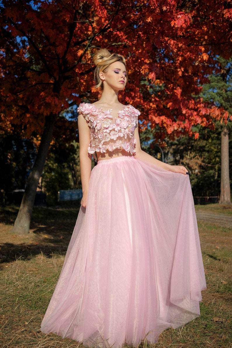 2024 Two Pieces Pink 3D Floral Appliques Prom Dresses Illusion Top Scoop Neck Long Tulle Skirt Girls Birthday Special Occasion Party Evening Gowns
