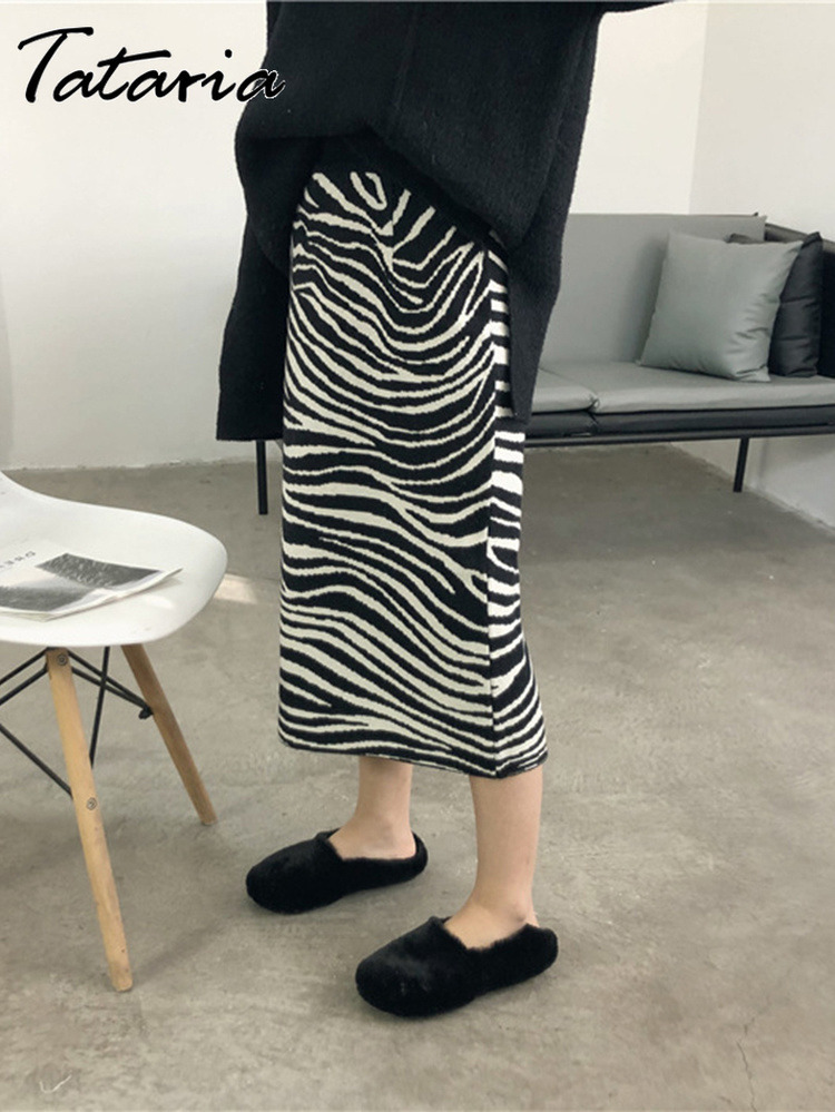 Zebra Stripe Women Midi Knitted Skirt Female High Waist Vintage Pleated Straight Animal Print Ladies 220322