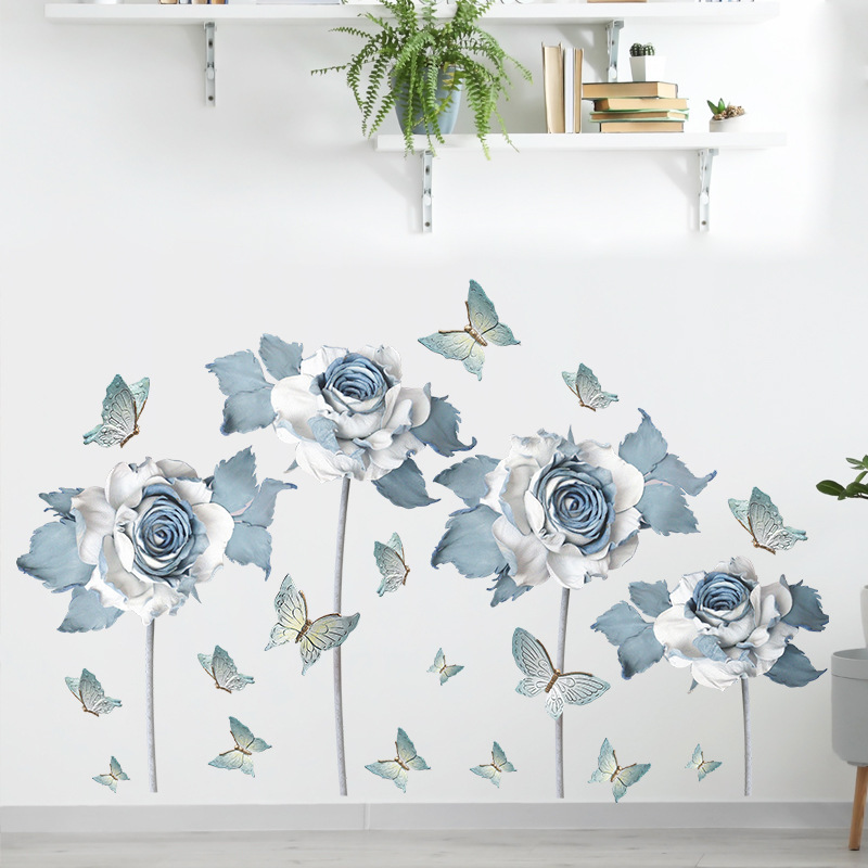 Large White Blue Flower Lotus Butterfly Removable Wall Stickers 3D Wall Art Decals Home Decor Mural Art for Living Room Bedroom
