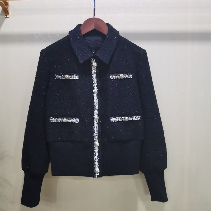 Autumn and WinterTweed Short Coat Women Casual Turndown Collar Long Sleeve Metal Buckle Jacket 201029
