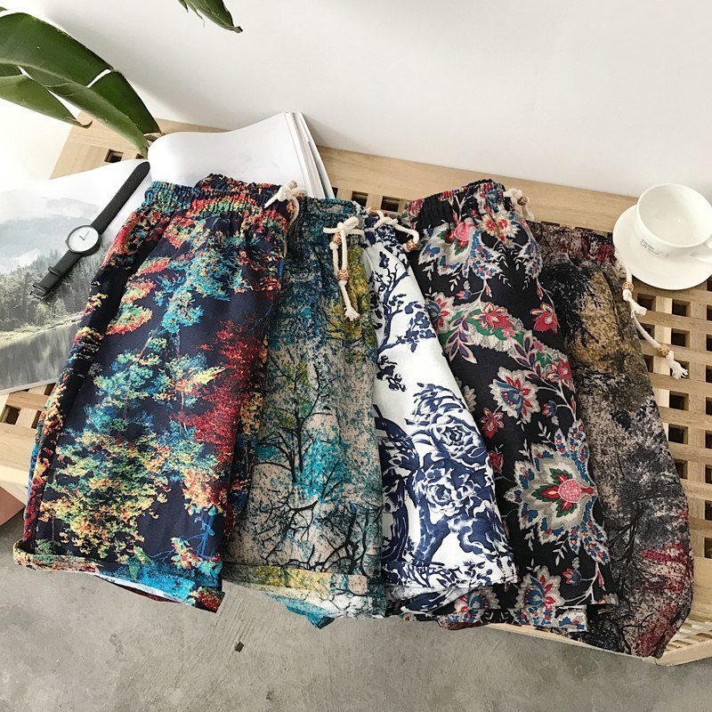Summer Boutique Flower Cotton Linen Mens Casual Beach Shorts Mens Comfortable Breathable Leisure Shorts Male 220602
