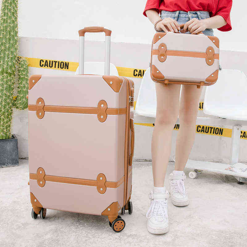 Luggage Inch Women Hard Retro Rolling Set Trolley With Cosmetic Bag Vintage Suitcase For Girls J220707