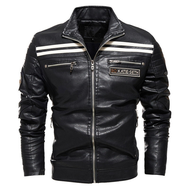 Men Jacket Zipper Leather Jacket Black Motorcycle Jacket Men Stripe Slim Fit Street Wear Coat Autumn Winter Fashion Tops 201104