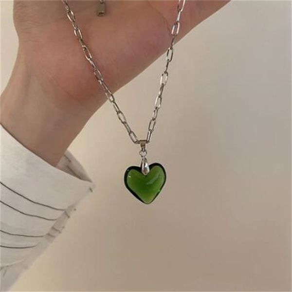 Green Black Zebra-Stripe Glass Heart Pendant Titanium Steel Chain Necklaces for Women Chokers Unusual Necklace Aesthetic Jewelry GC987