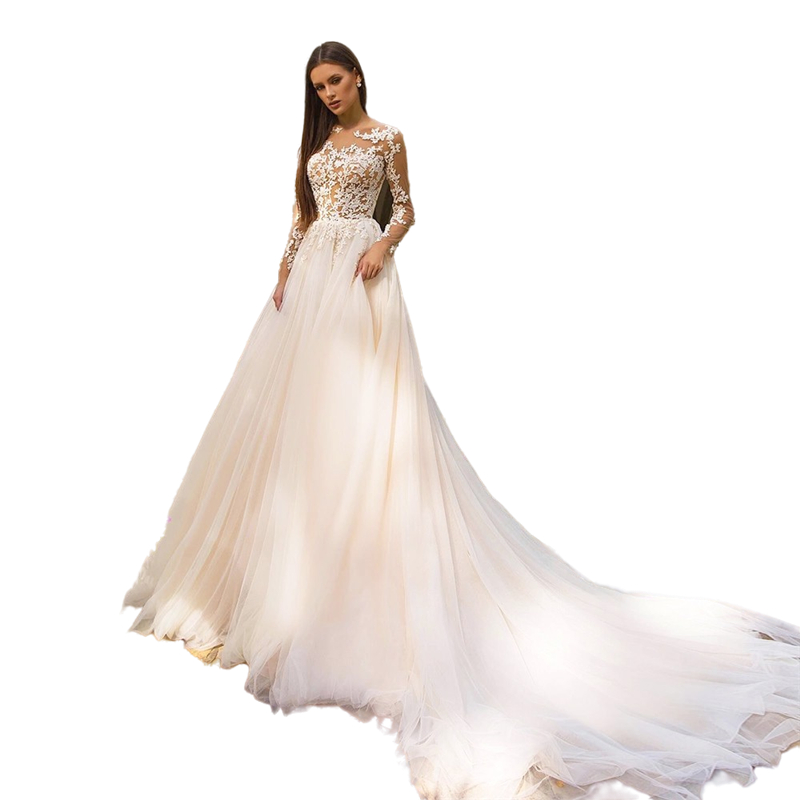 Long Train Boho Beach Wedding Dress Sexy Illusion Bodice Ivory Tulle Fairy A Line Bridal Gowns Button Back Lace Appliqué O-Neck Bride Dresses Vestido 