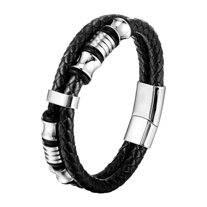 Punk Style Stainless Steel Charm Bracelet MultiLayered Genuine Leather Bracelets