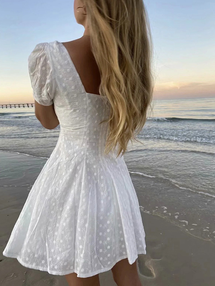 White lace embriodery summer beach dress women elegant hollow out lace up short dress off shoulder puff sleeve sheer dress 220511