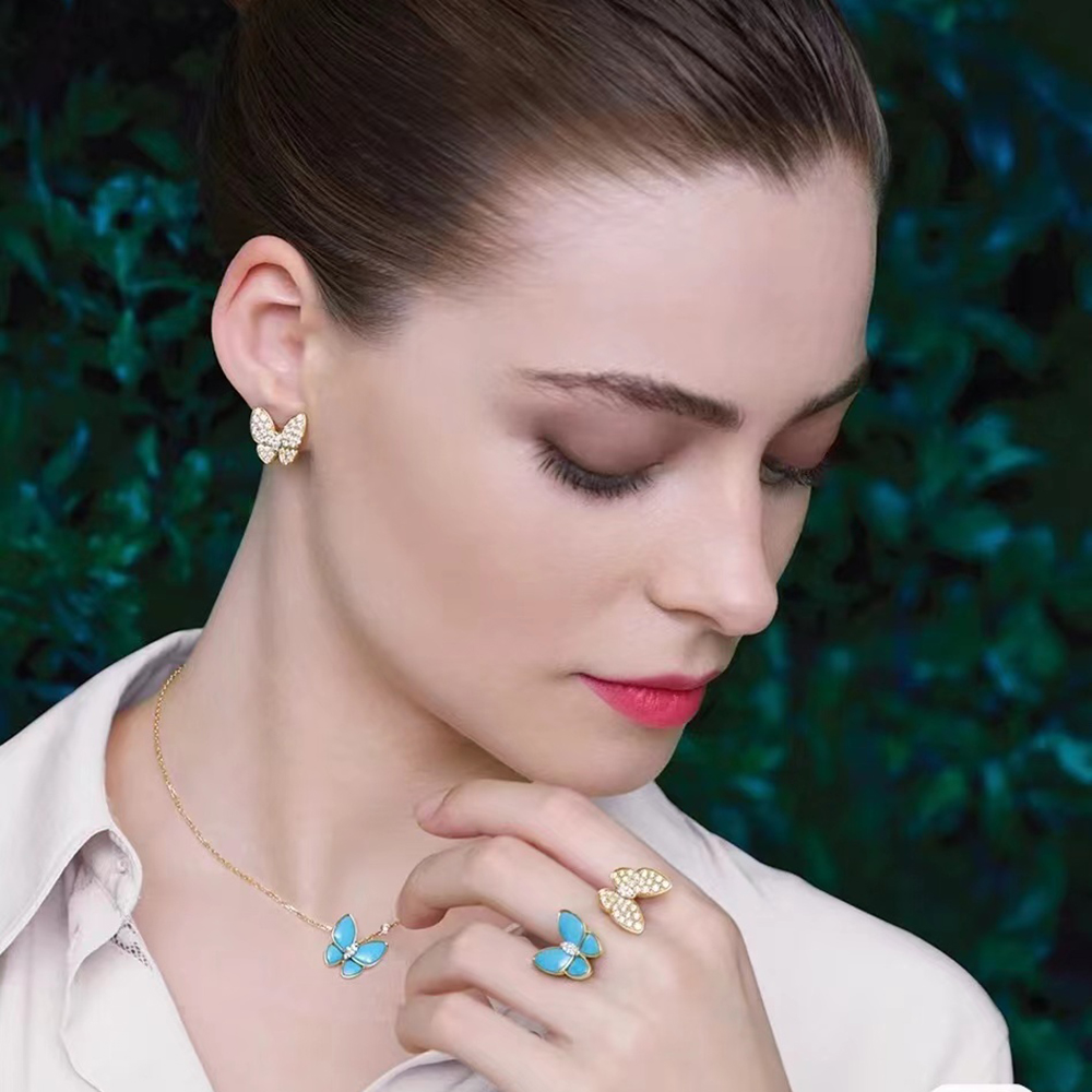 2022 New Brand Pure 925 Sterling Silver Jewelry For Women Blue Turquoise Butterfly Wedding Jewelry Set Earrings Necklace Bracelet Rings