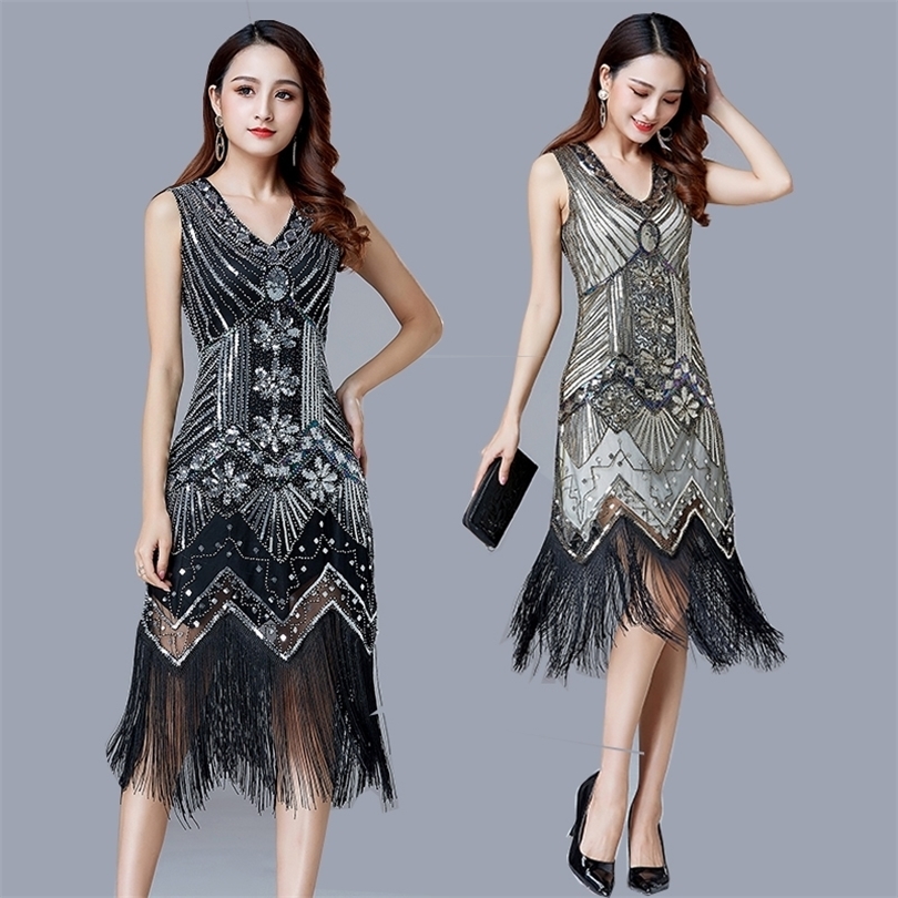 1920s Vintage Flapper Great Gatsby Party Dress VNeck Sleeveless Sequin Beaded style Style Tassel Flapper Vestidos Feminina 1920 T200107