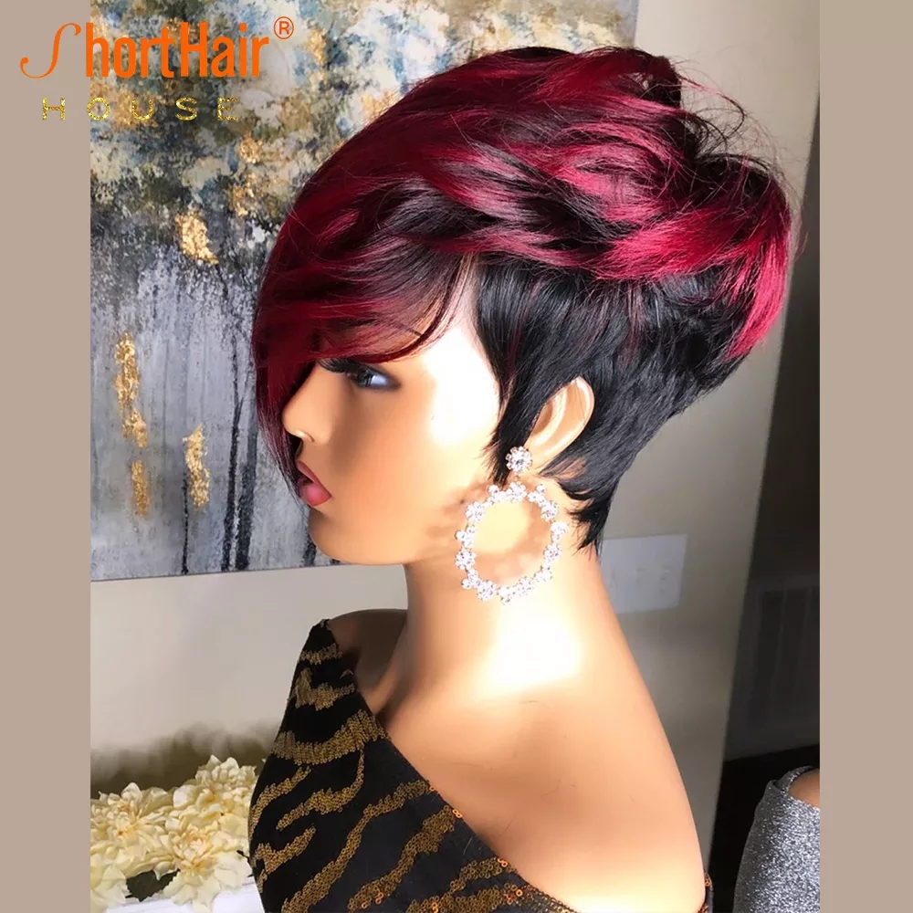 Ombre Red Color Short Bob Pixie Cut Wig Human Hair With Natural Bangs Brazilian Wigs For Women Cosplay Full Machine Made
